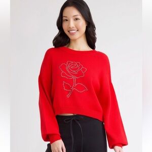Steve Madden Cropped Red Rose Embellished Sweater cotton blend oversized small